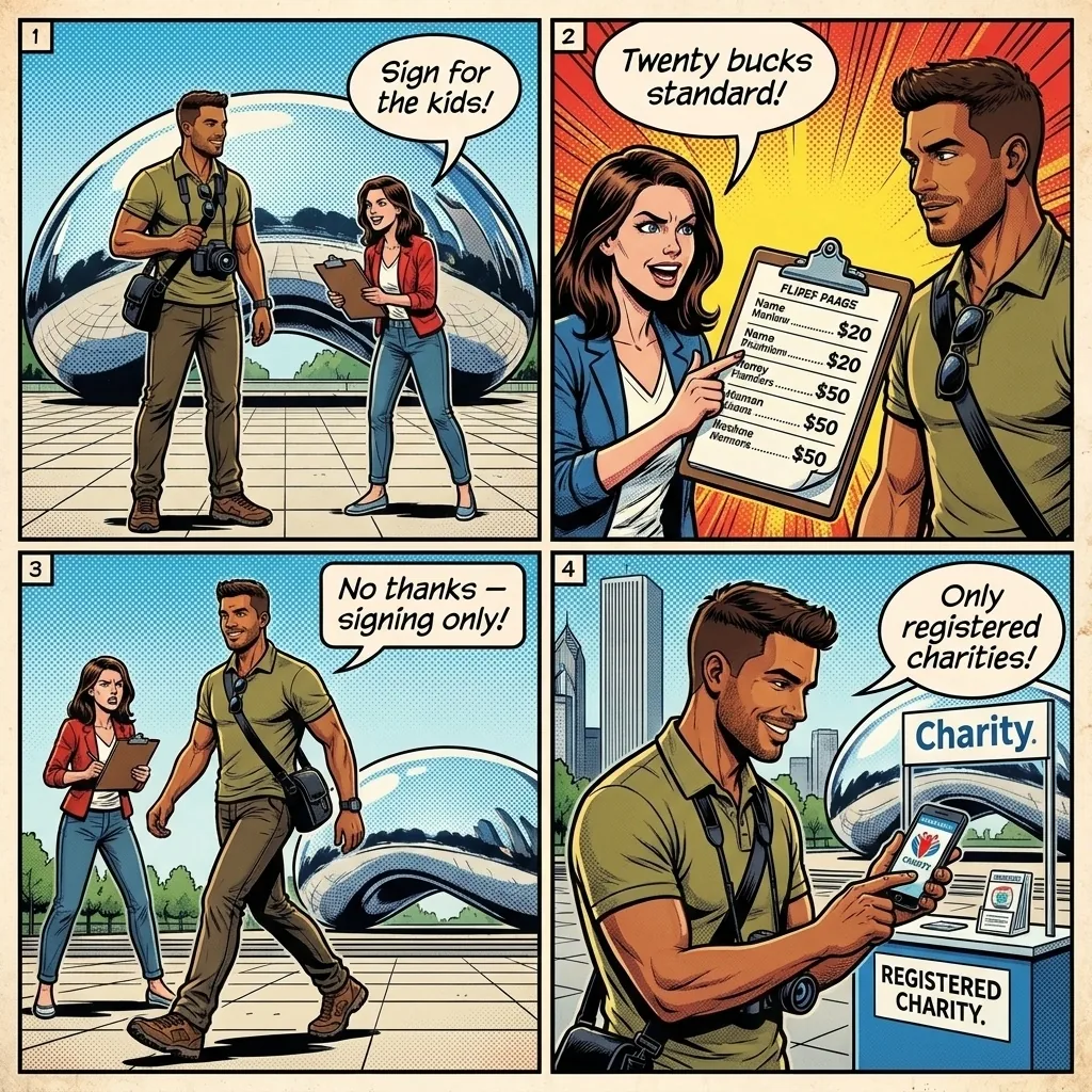 Fake Charity and Petition Hustle — comic illustration