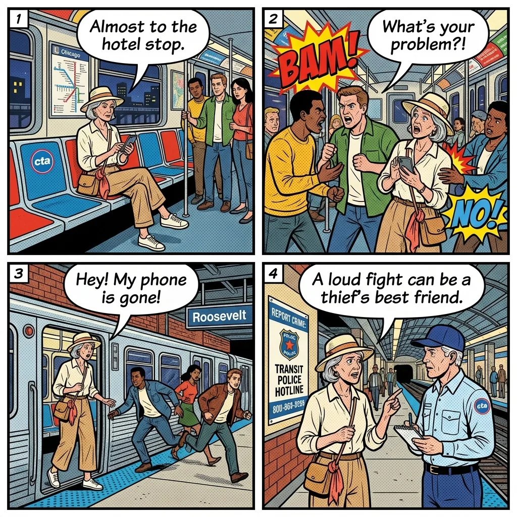 CTA Distraction Robbery — comic illustration