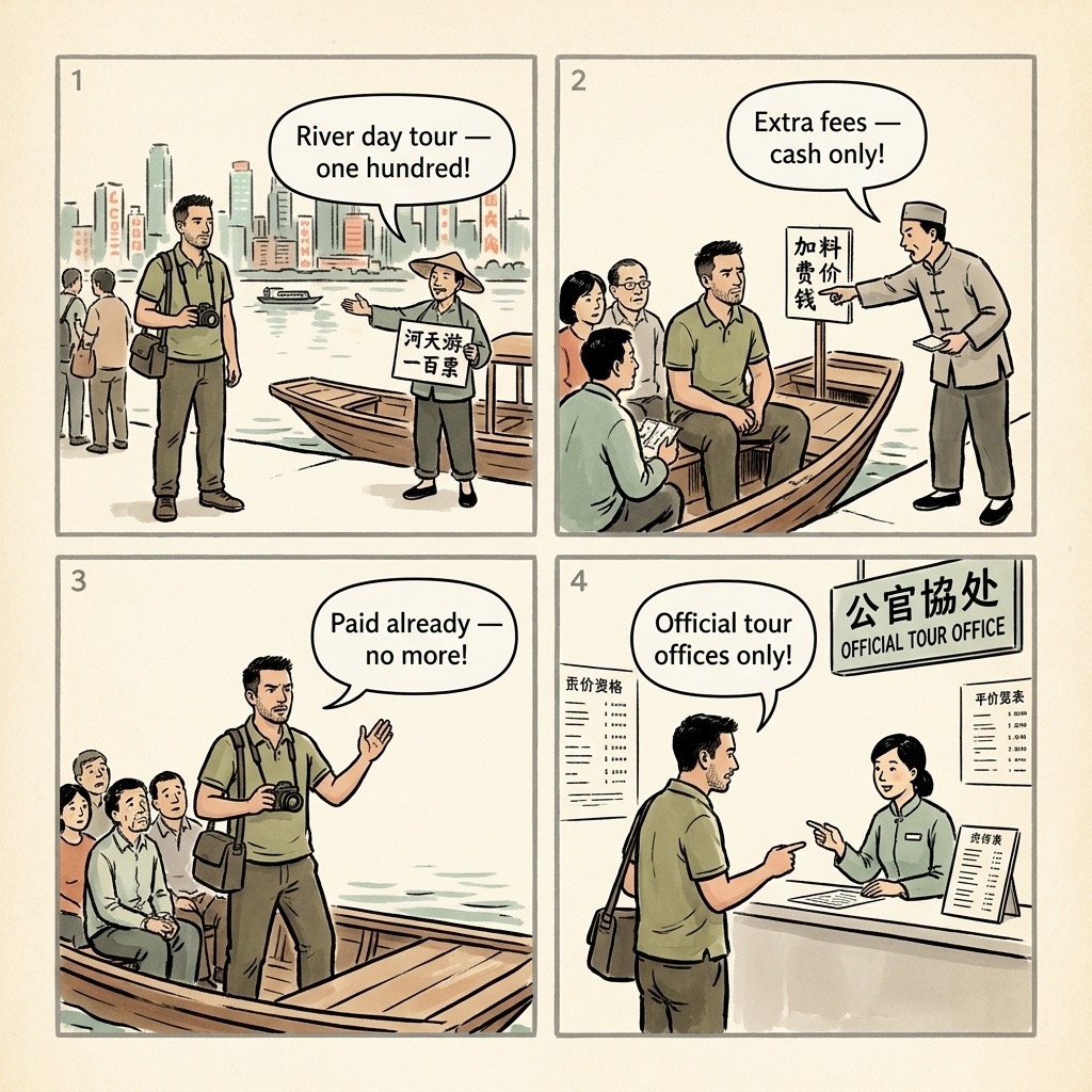 Yangtze River Cruise Ticket Overcharge & Fake-Operator Scams — comic illustration