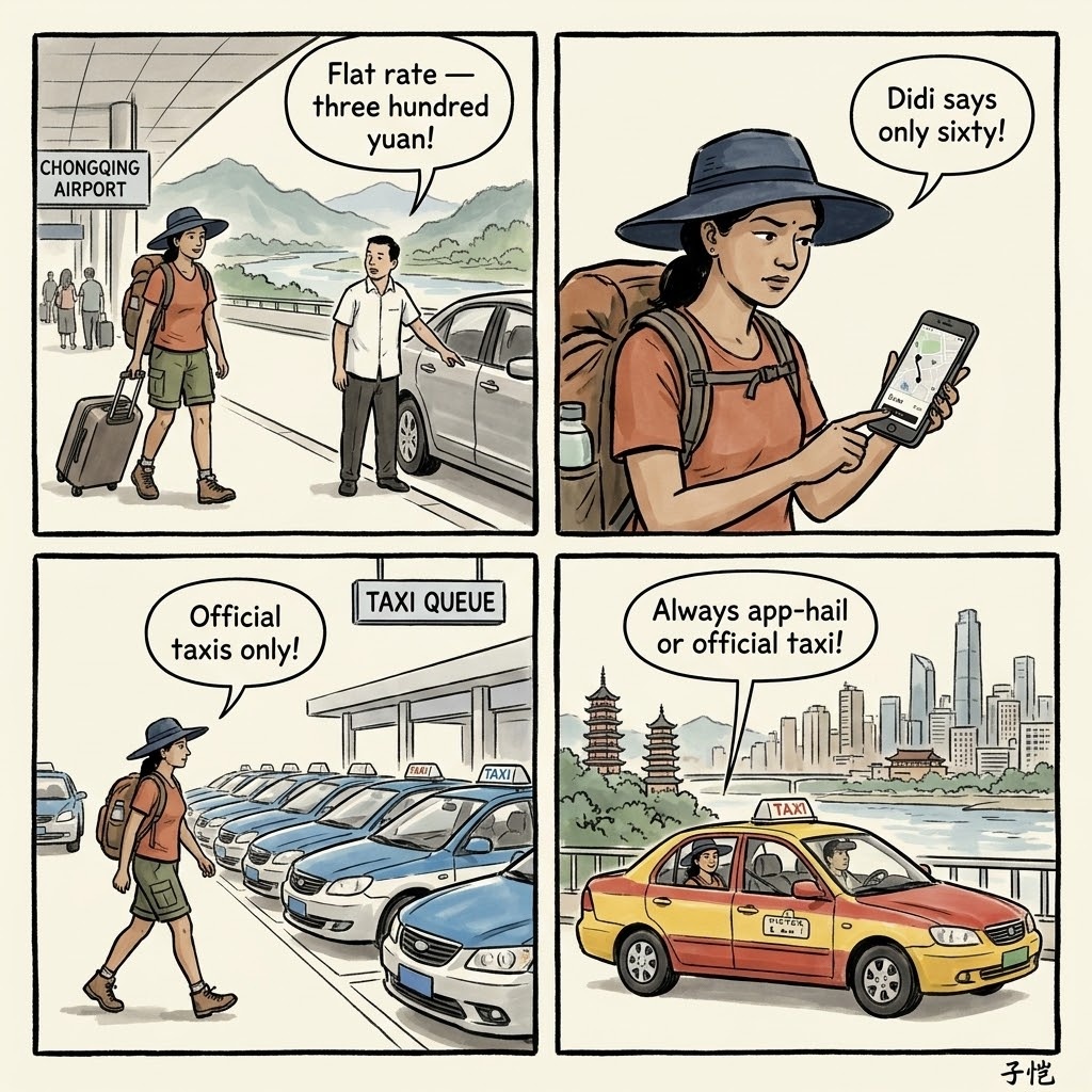 Chongqing Airport Taxi & Mountain-City Navigation Scams — comic illustration