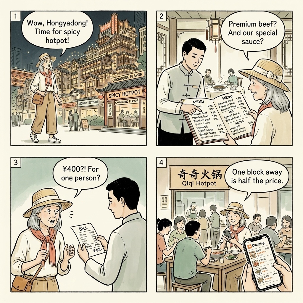 Chongqing Hotpot Tourist-Strip Overcharge — comic illustration