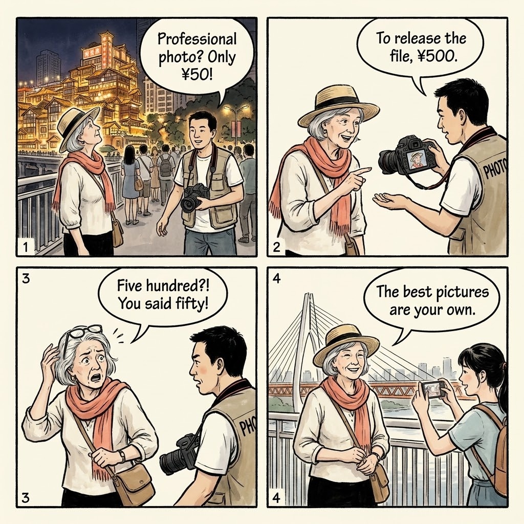 Chongqing Hongyadong & Jiefangbei Tourist-Trap Photo Spots — comic illustration
