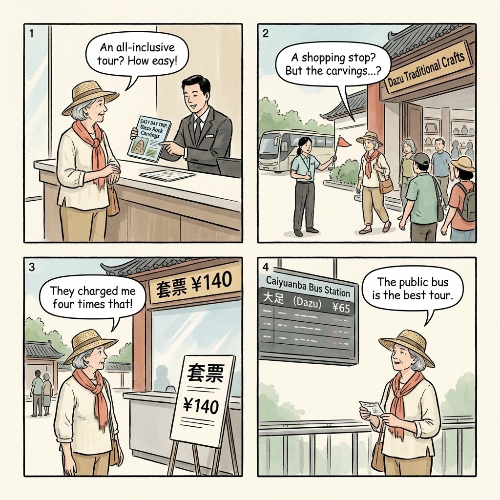Chongqing to Dazu Rock Carvings Day-Trip Tour Overcharge — comic illustration