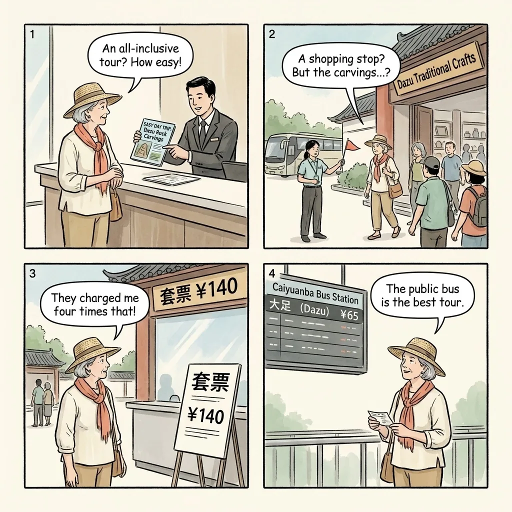Chongqing to Dazu Rock Carvings Day-Trip Tour Overcharge — comic illustration