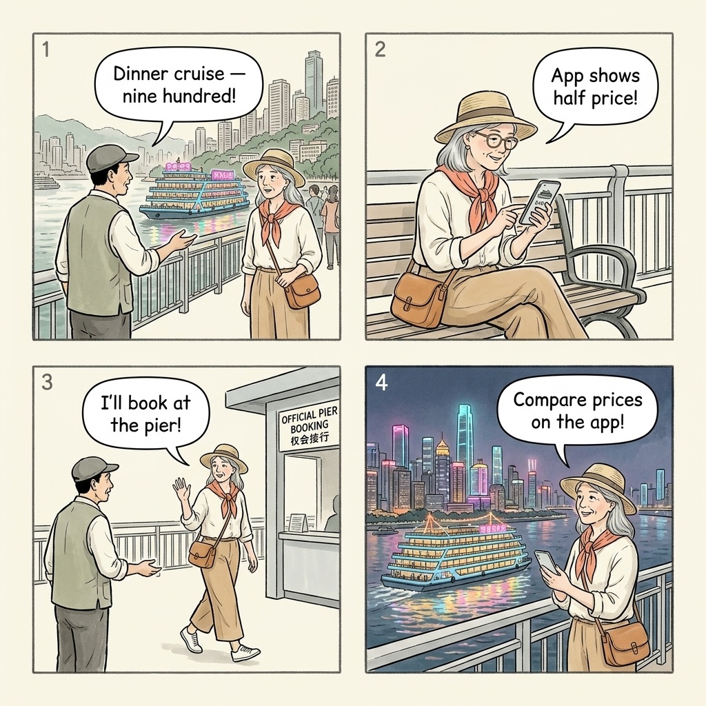 Yangtze Shore-Excursion & 'Three Gorges Dam' Upsell Scams — comic illustration