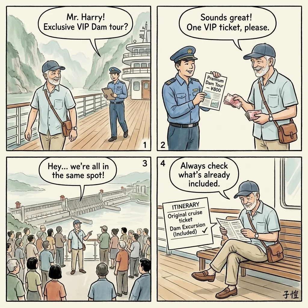Yangtze Shore-Excursion & 'Three Gorges Dam' Upsell Scams — comic illustration