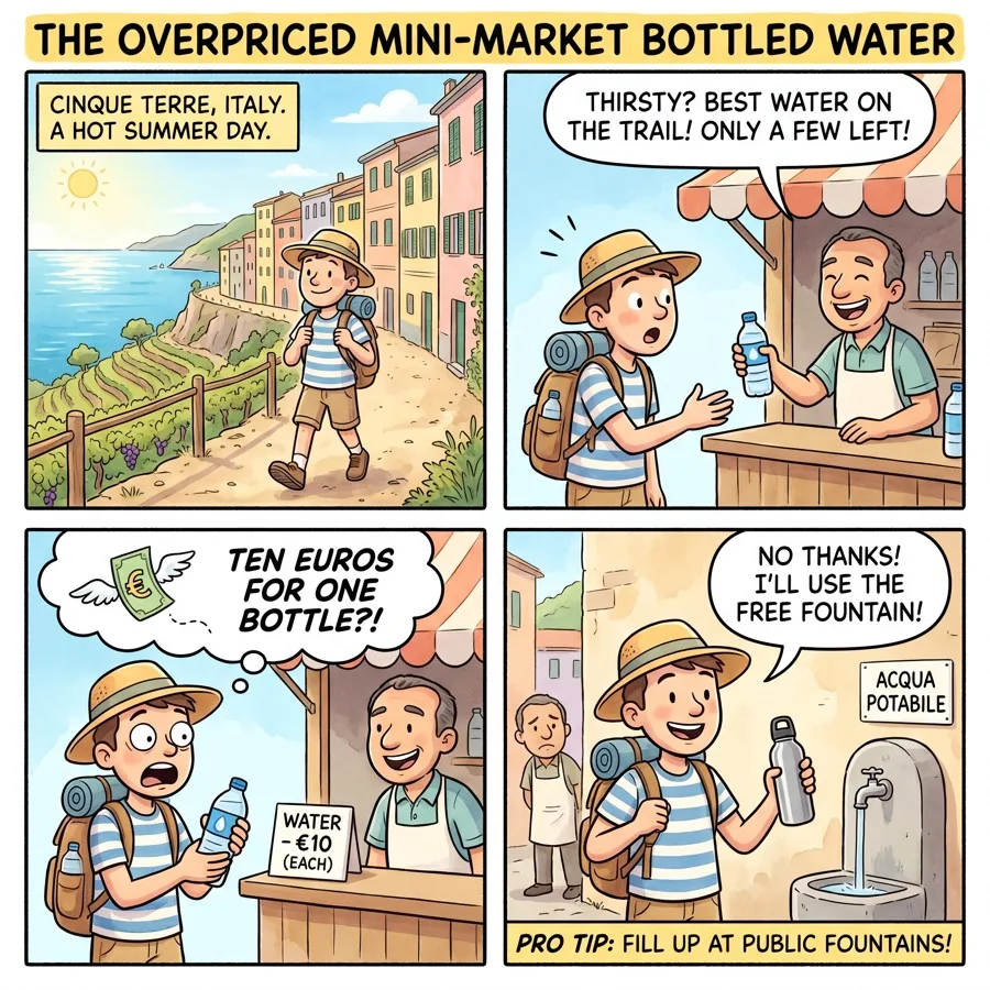 Fake Cinque Terre Card Seller — comic illustration