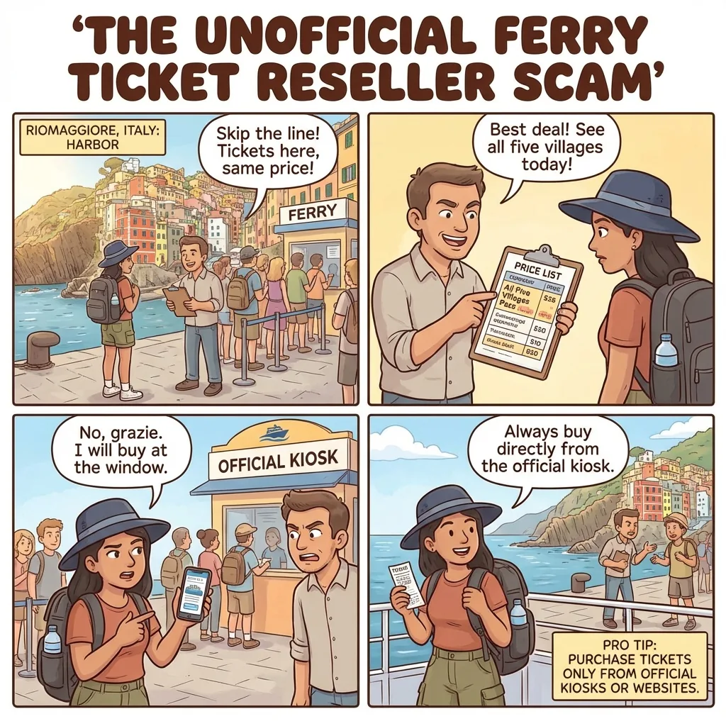 Ferry Ticket Confusion at Monterosso & Riomaggiore — comic illustration