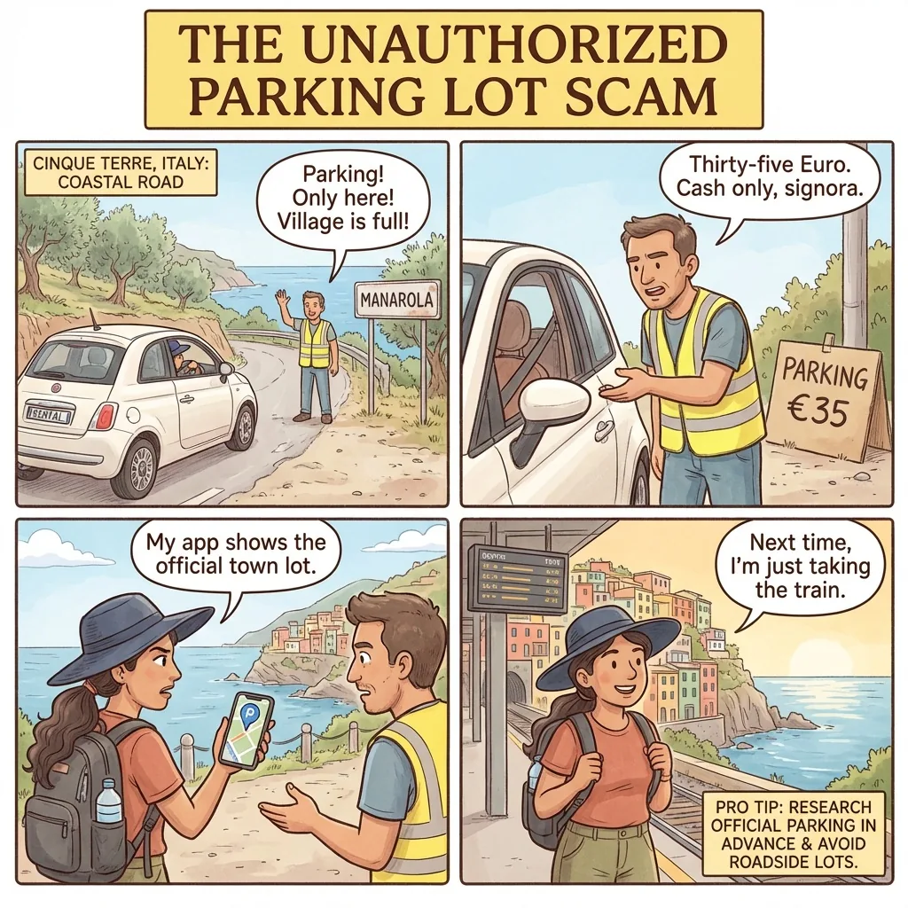 Manarola & Vernazza Parking Extortion — comic illustration