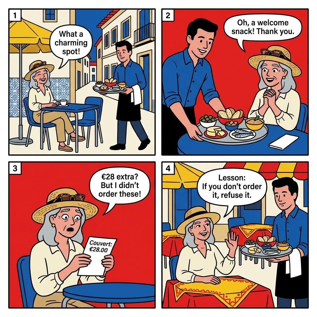 Baixa de Coimbra Restaurant Couvert & Tourist-Menu Inflation — comic illustration