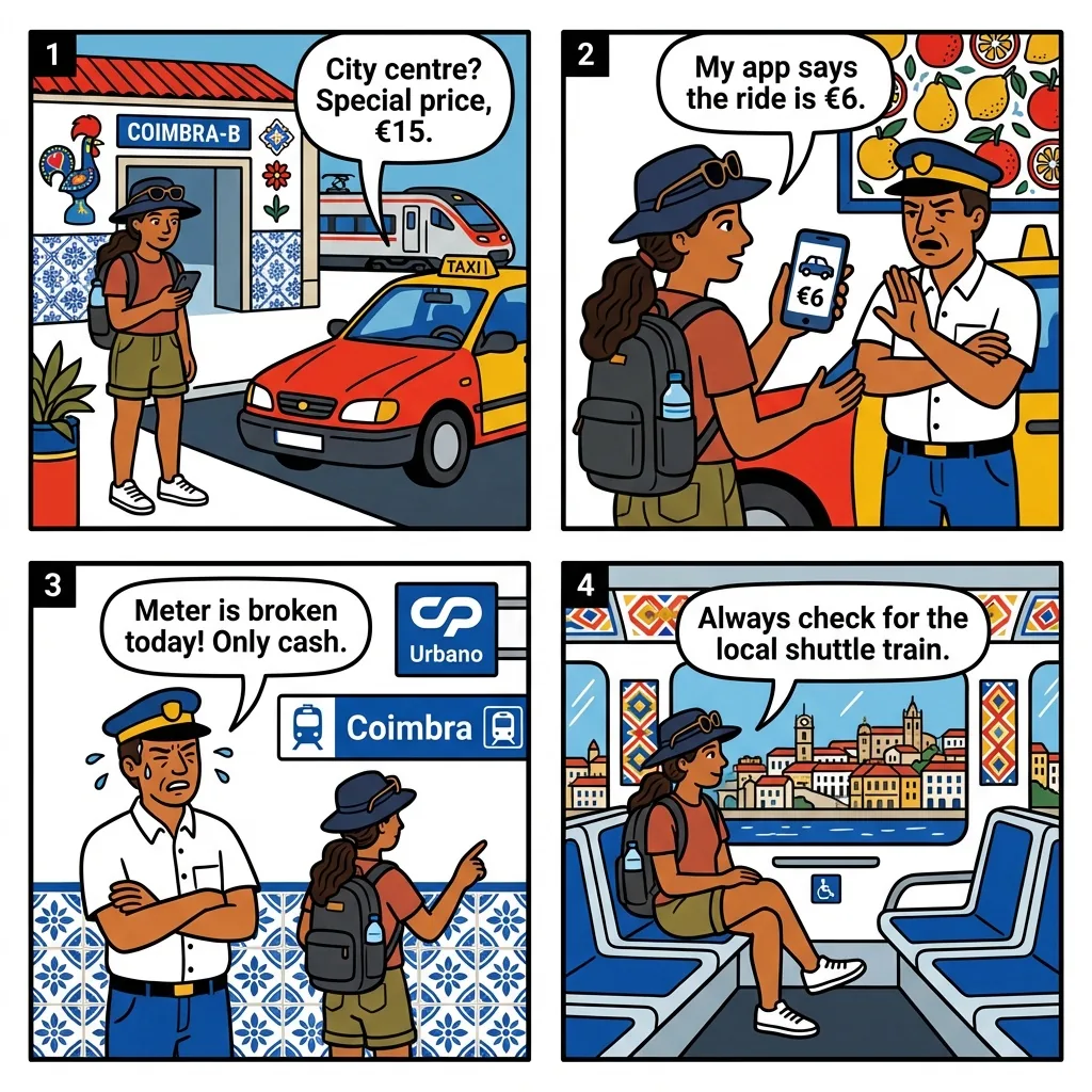 Coimbra Taxi / Uber Overcharges from Coimbra-B Train Station — comic illustration