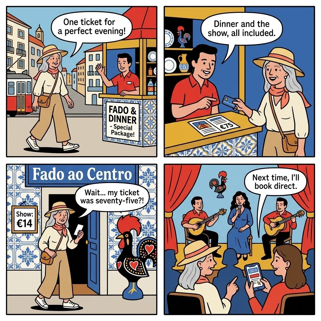 Fado de Coimbra Show + Dinner 'Combined Ticket' Tourist-Trap — comic illustration