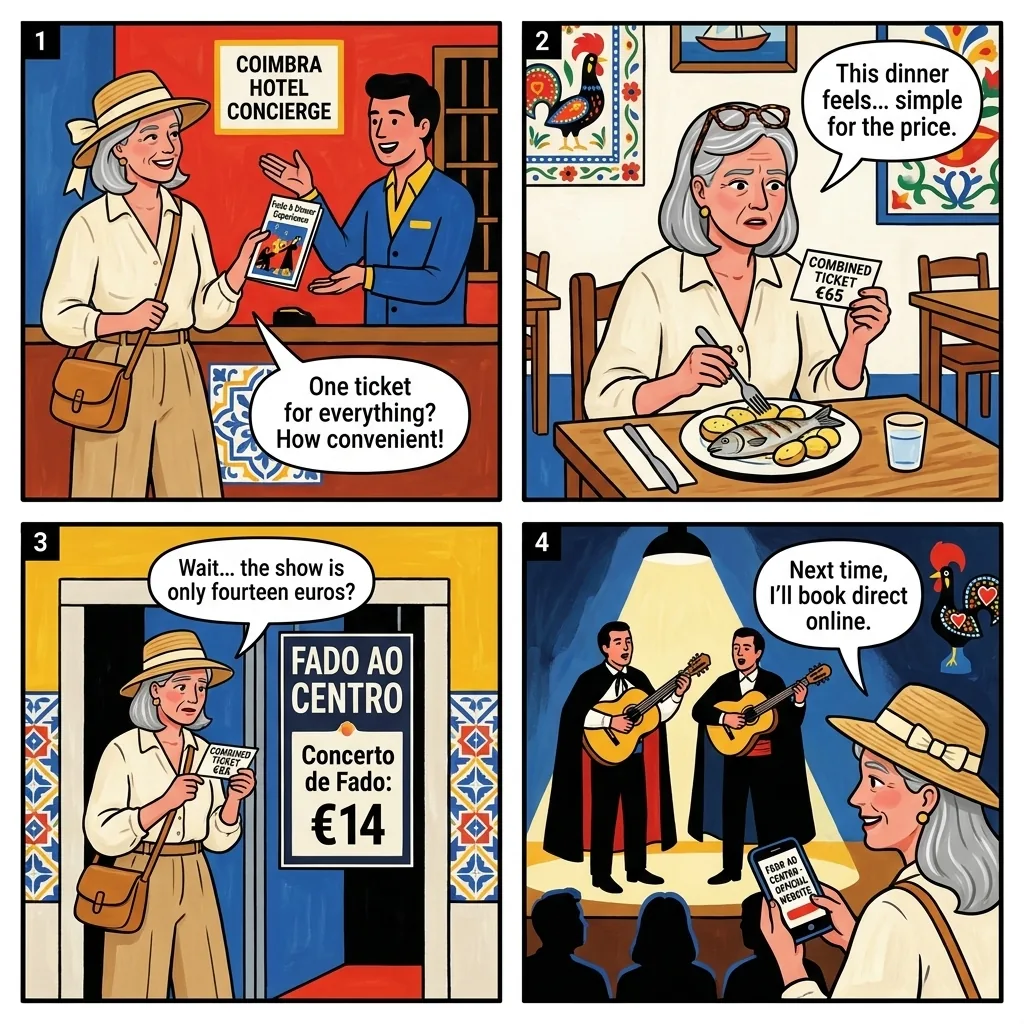 Fado de Coimbra Show + Dinner 'Combined Ticket' Tourist-Trap — comic illustration