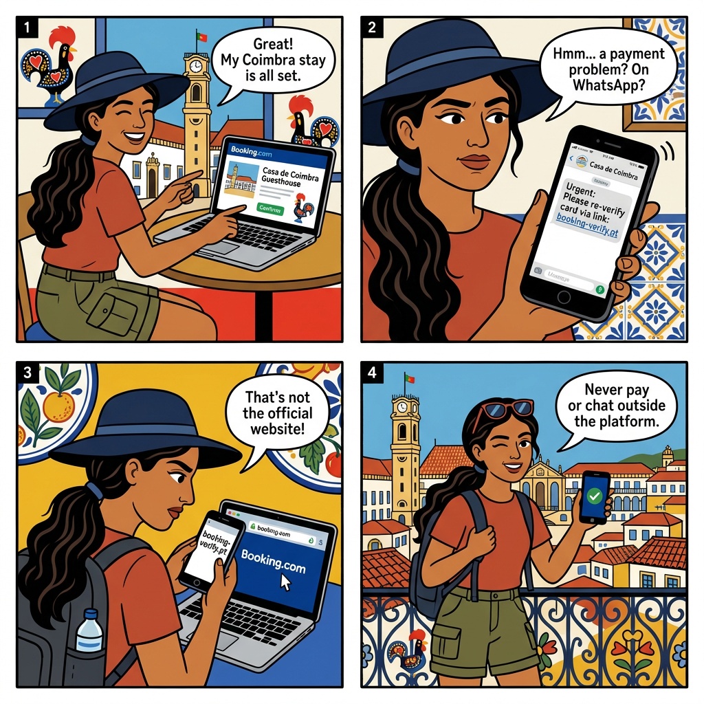 Coimbra Accommodation Phishing & Booking.com Off-Platform Fraud — comic illustration