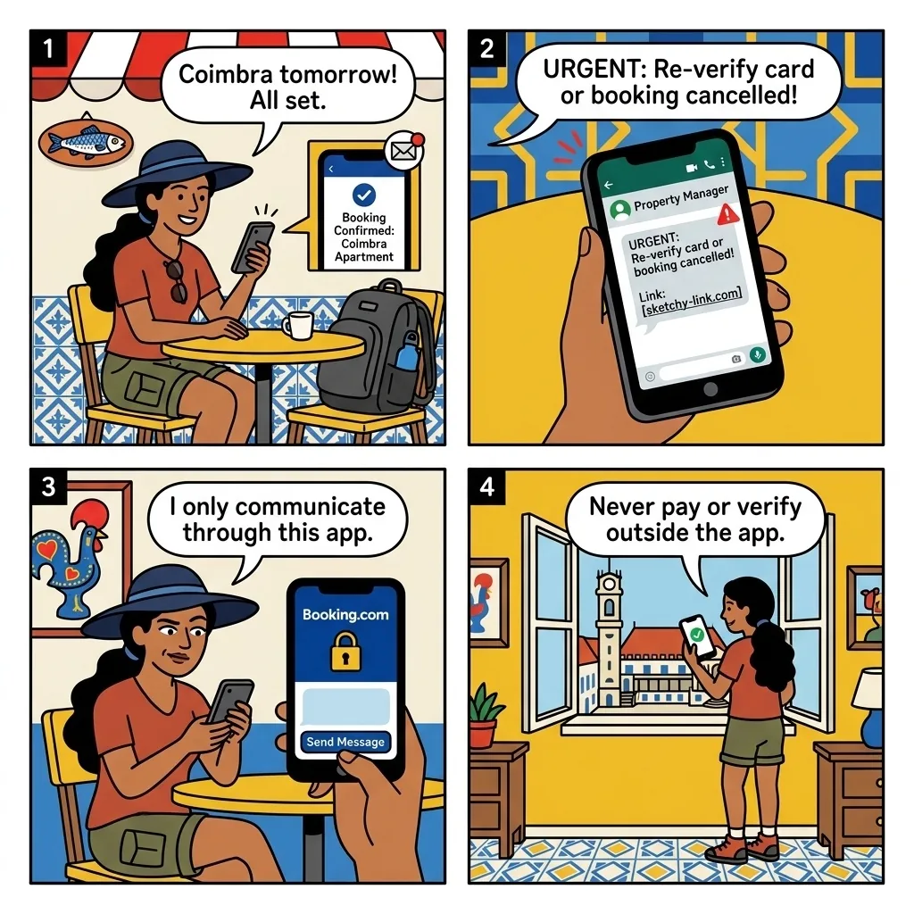 Coimbra Accommodation Phishing & Booking.com Off-Platform Fraud — comic illustration