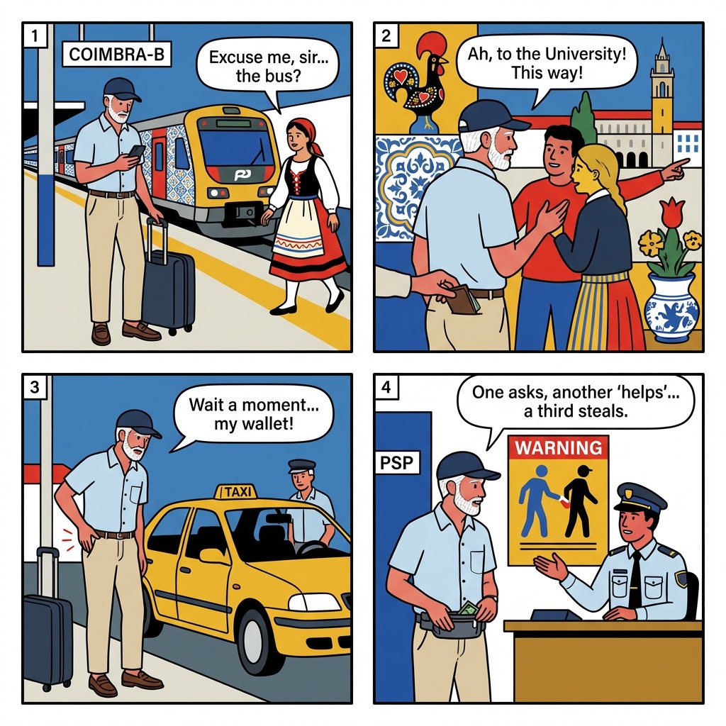 Coimbra Pickpocket Hotspots (Baixa, Coimbra-B Station, University Hill) — comic illustration