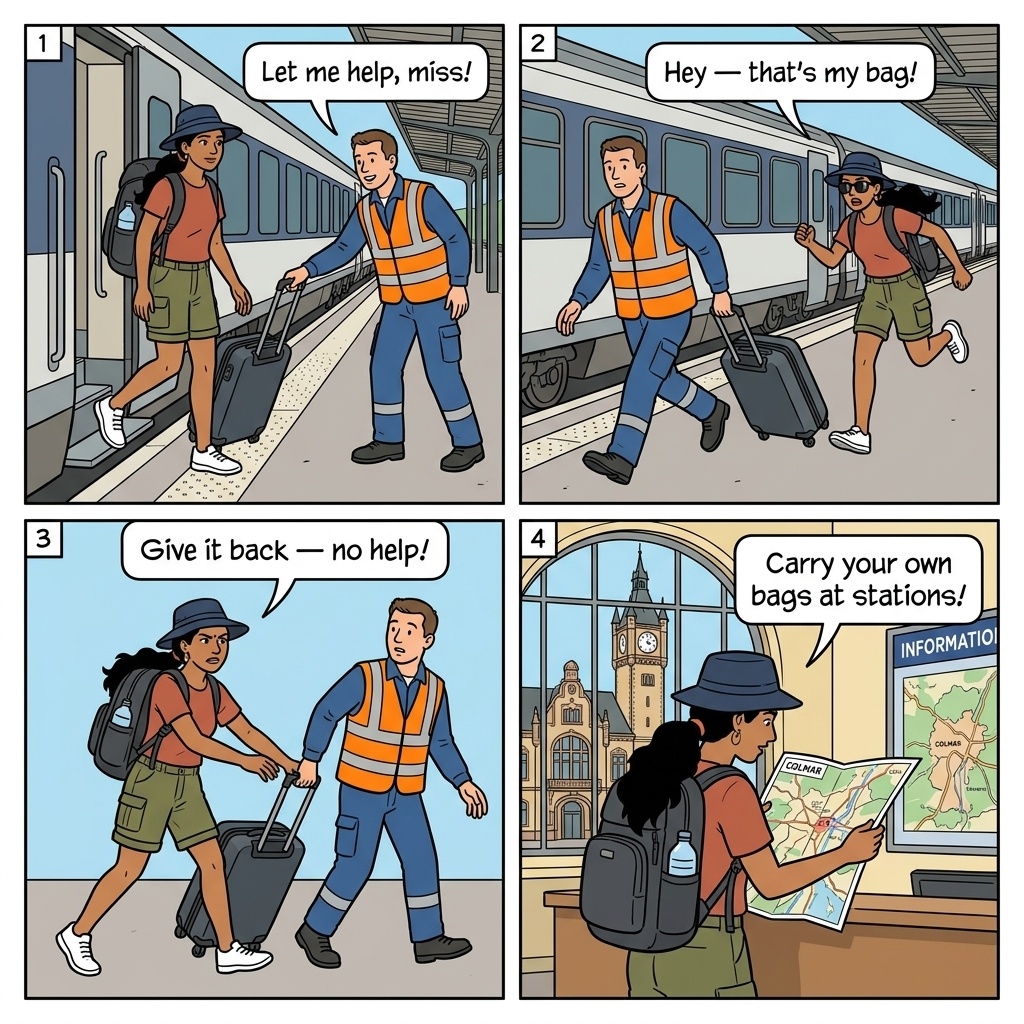 Train Station Luggage Helper Theft — comic illustration