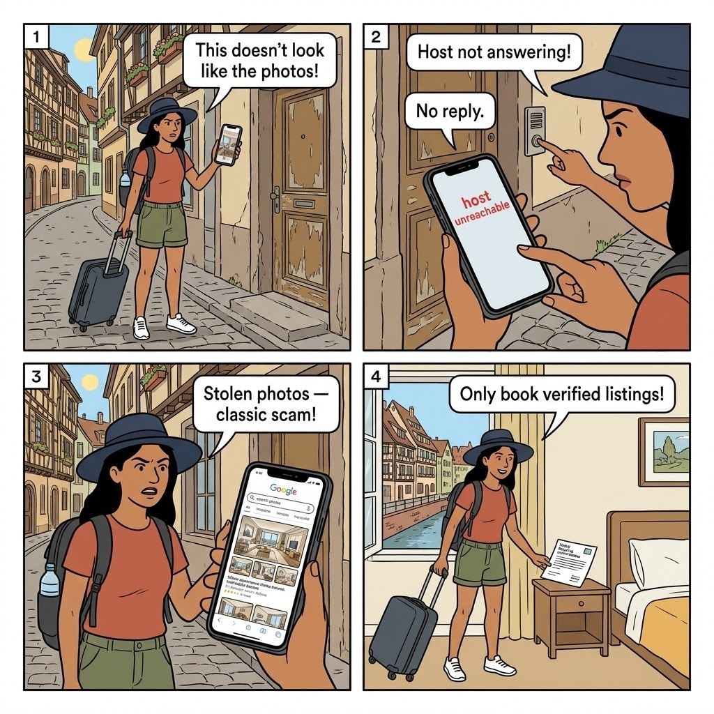 Fake Accommodation Booking Scam — comic illustration