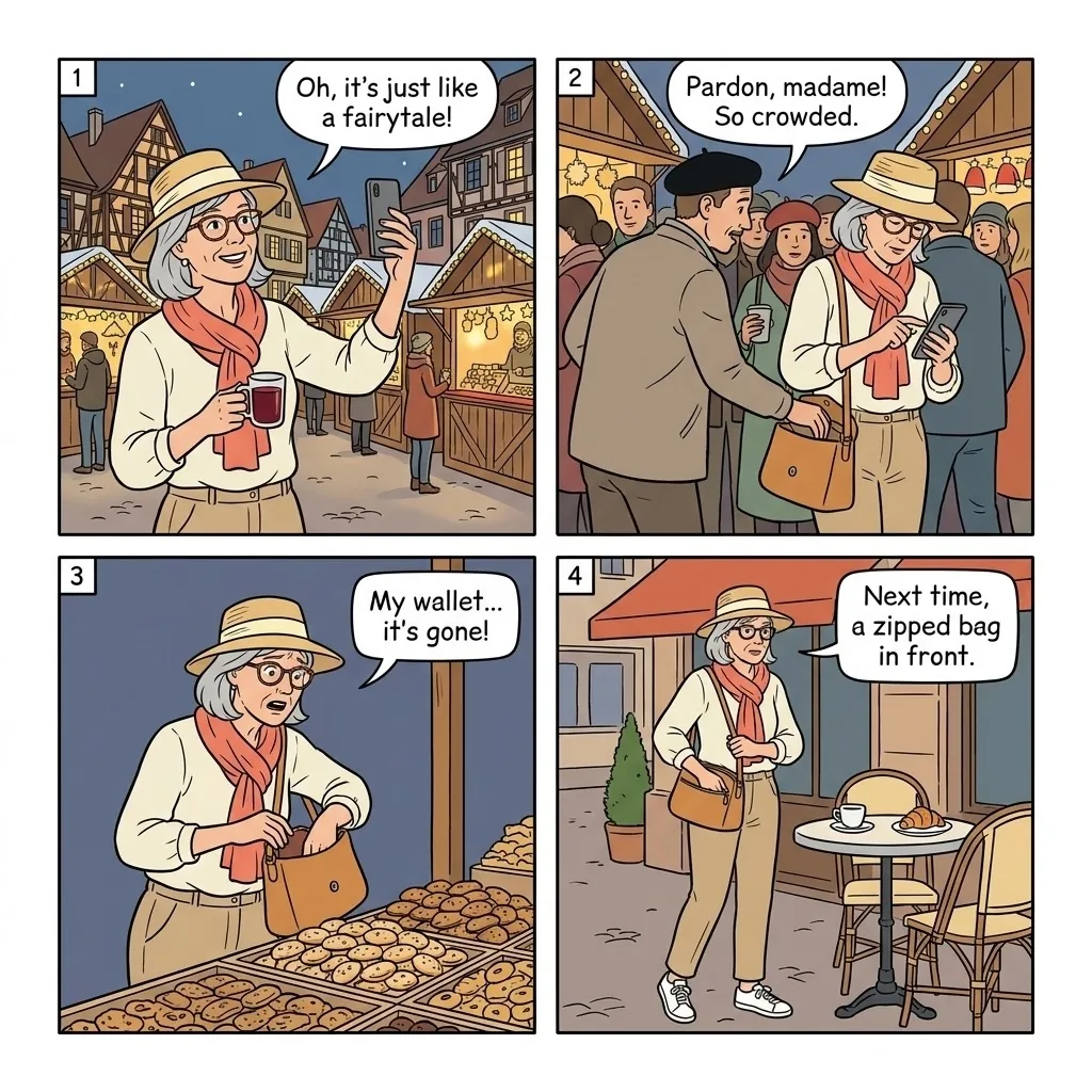 Christmas Market Pickpocketing — comic illustration