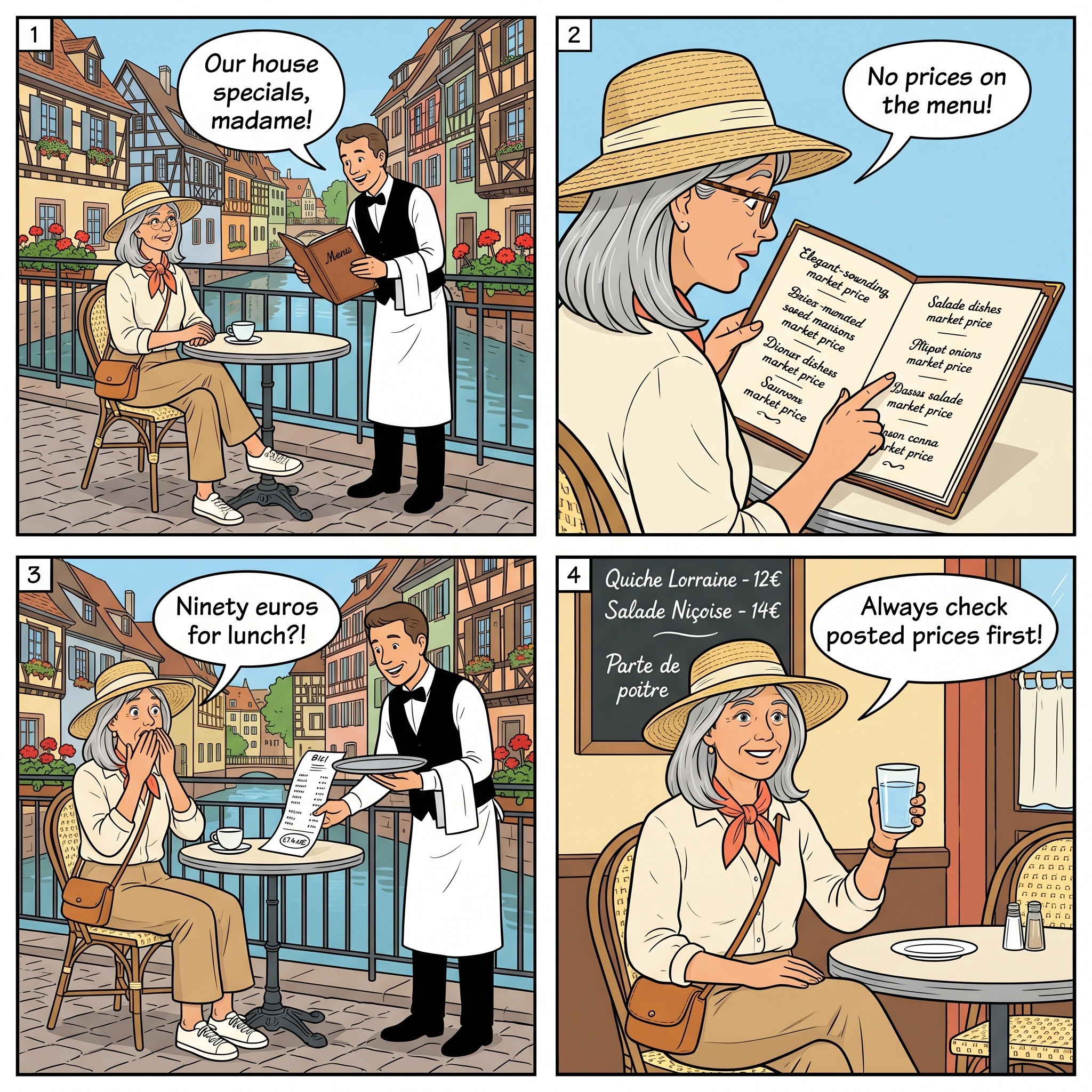 Restaurant Tourist Menu Overcharging — comic illustration