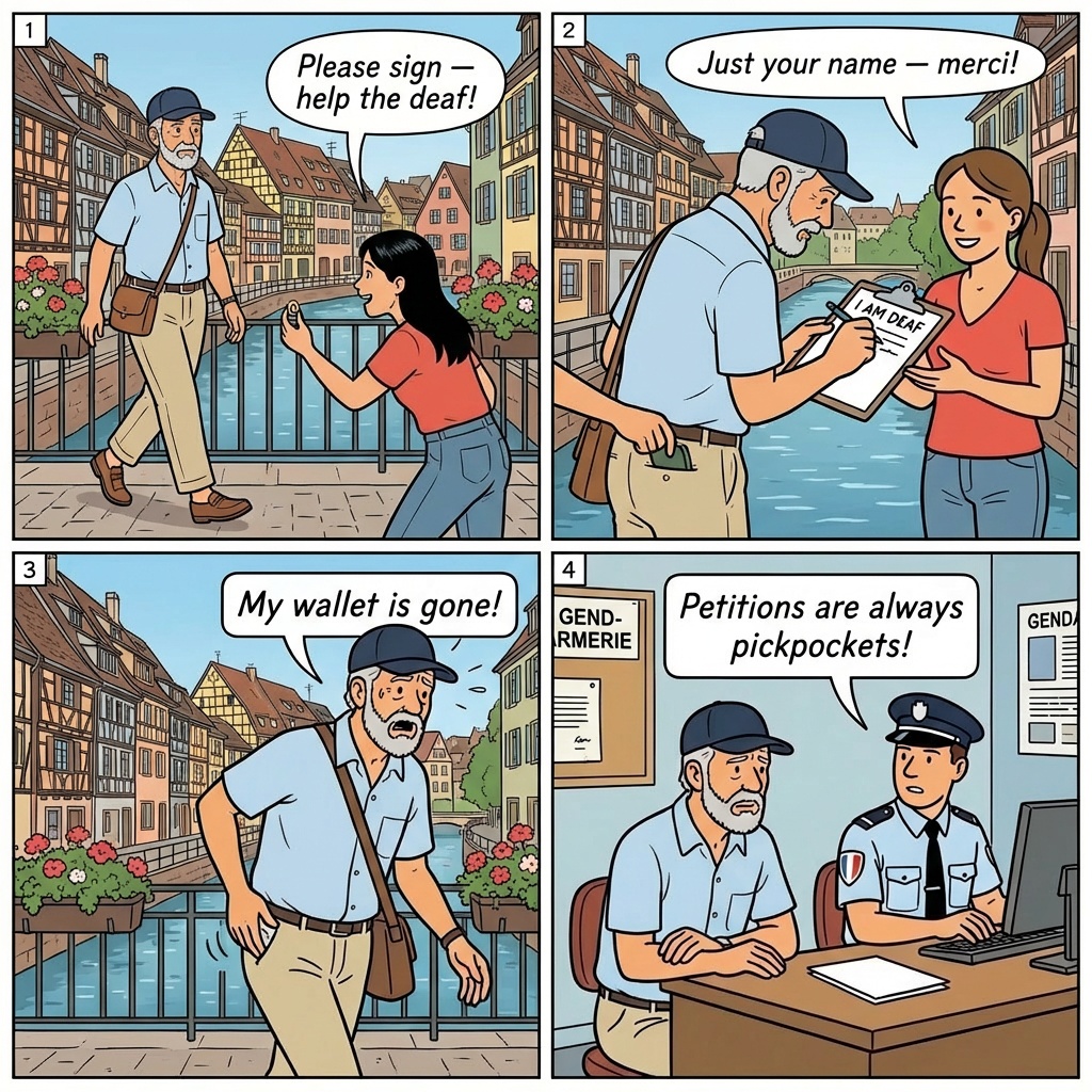 Fake Petition/Deaf Charity Scam — comic illustration