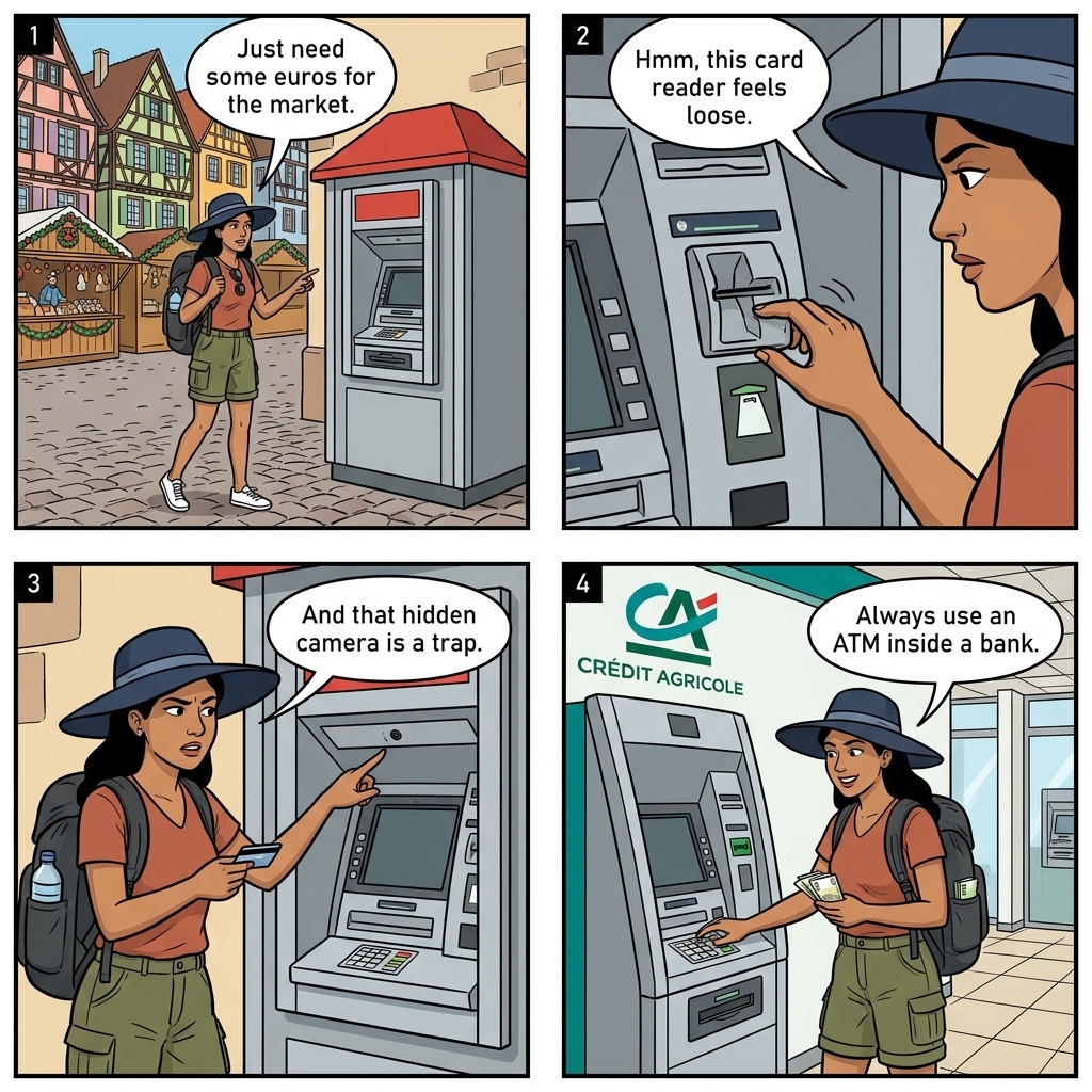 ATM Skimming and Card Fraud — comic illustration