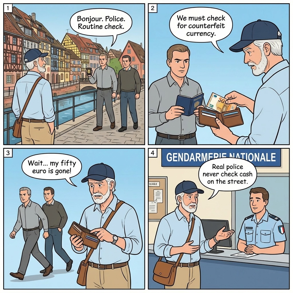 Fake Police Officer Scam — comic illustration