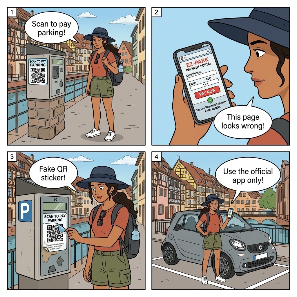 QR Code Parking Meter Scam — comic illustration