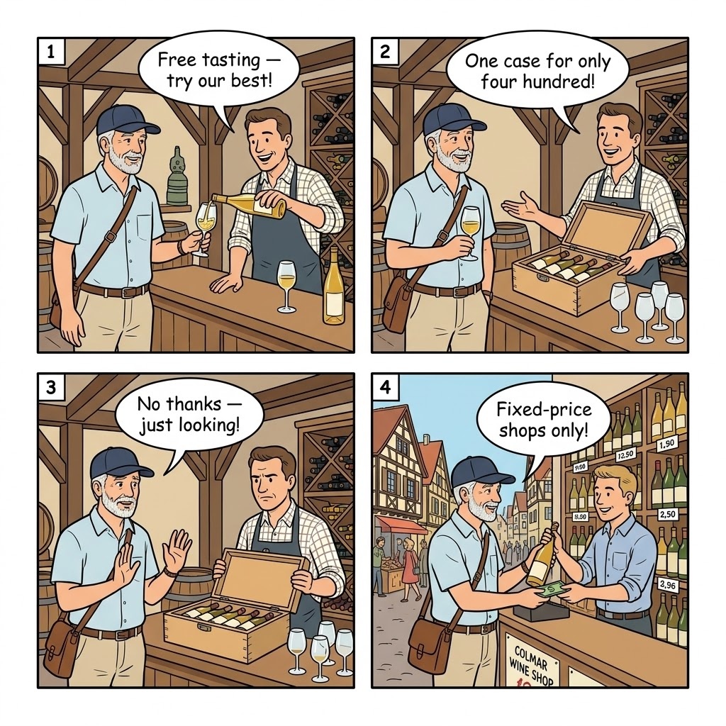 Wine Tasting Pressure Sales — comic illustration