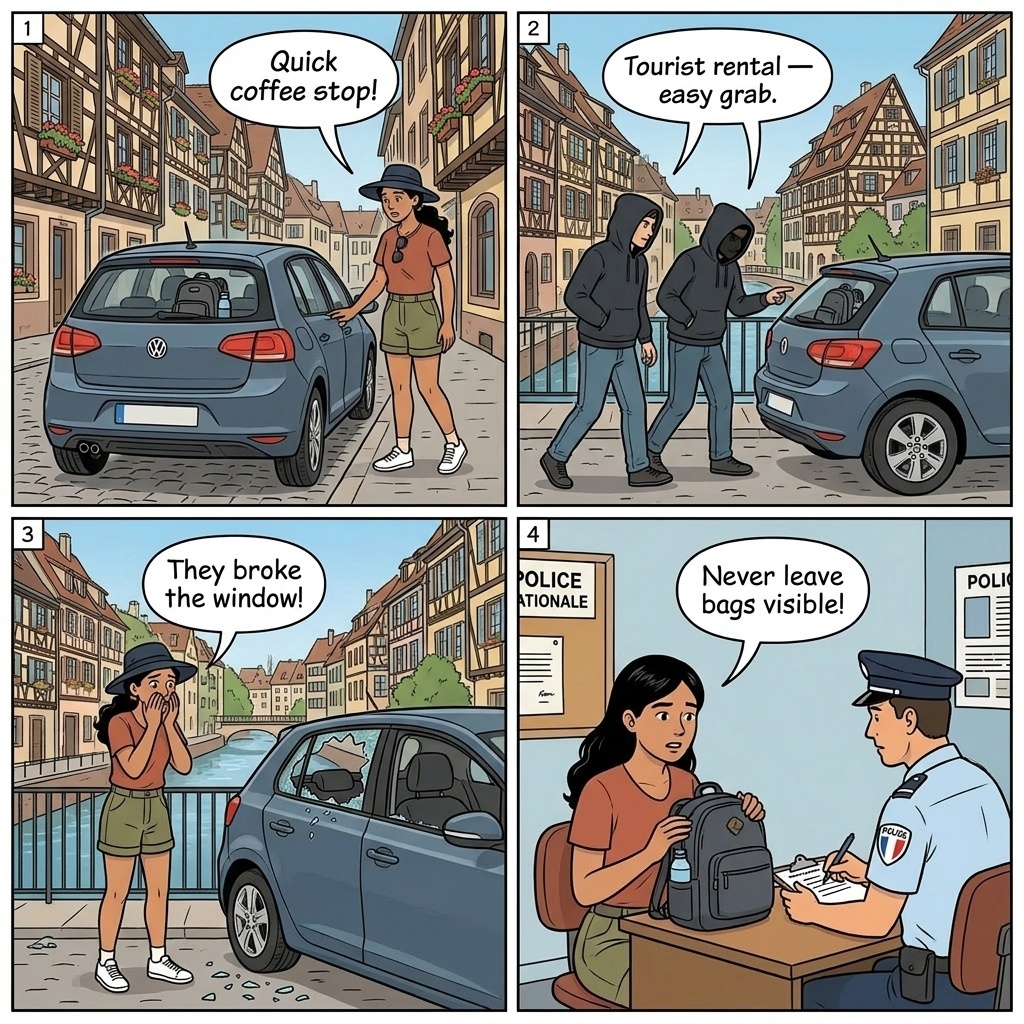 Rental Car Break-In Theft — comic illustration