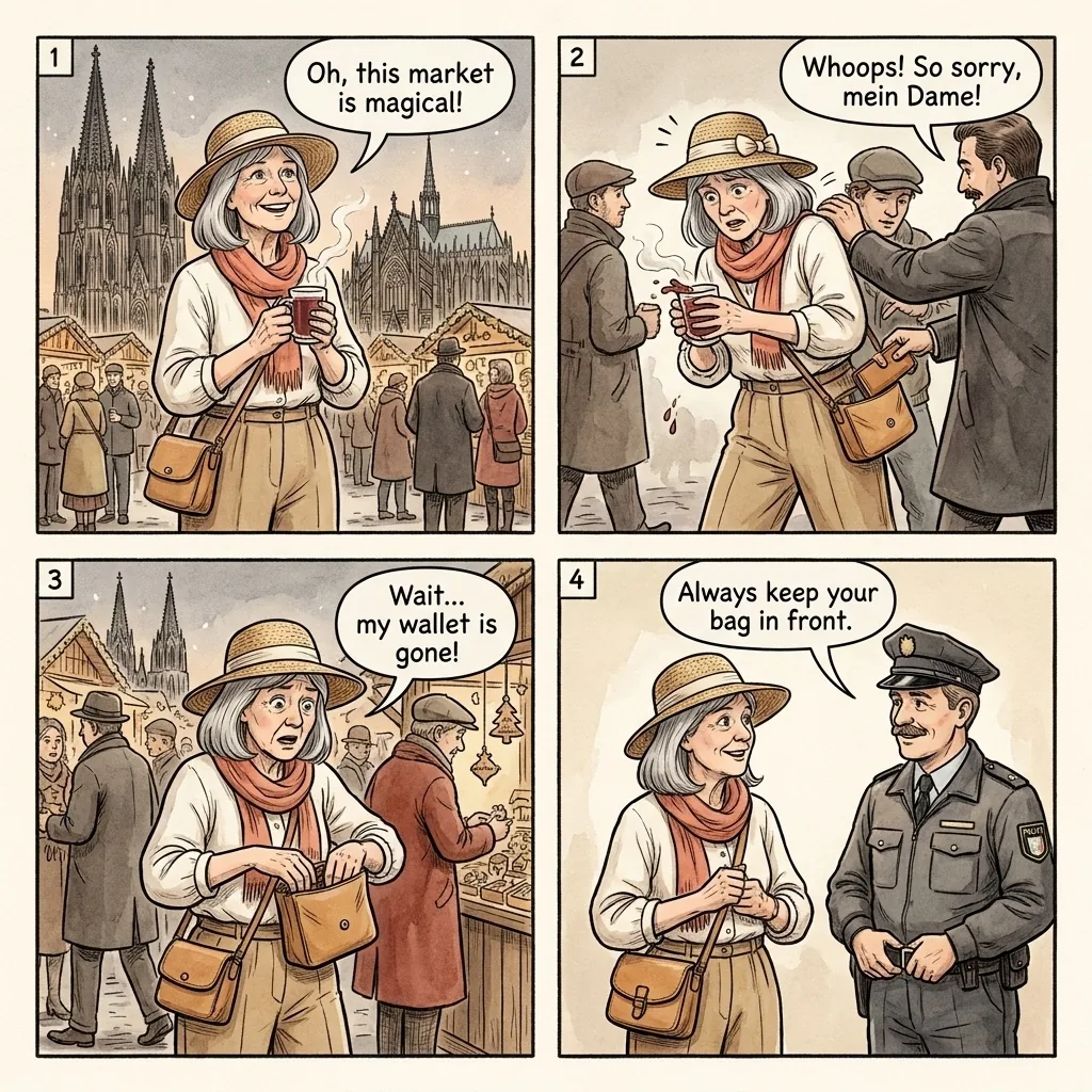 Kölner Dom & Christmas Market Pickpocket Ring — comic illustration