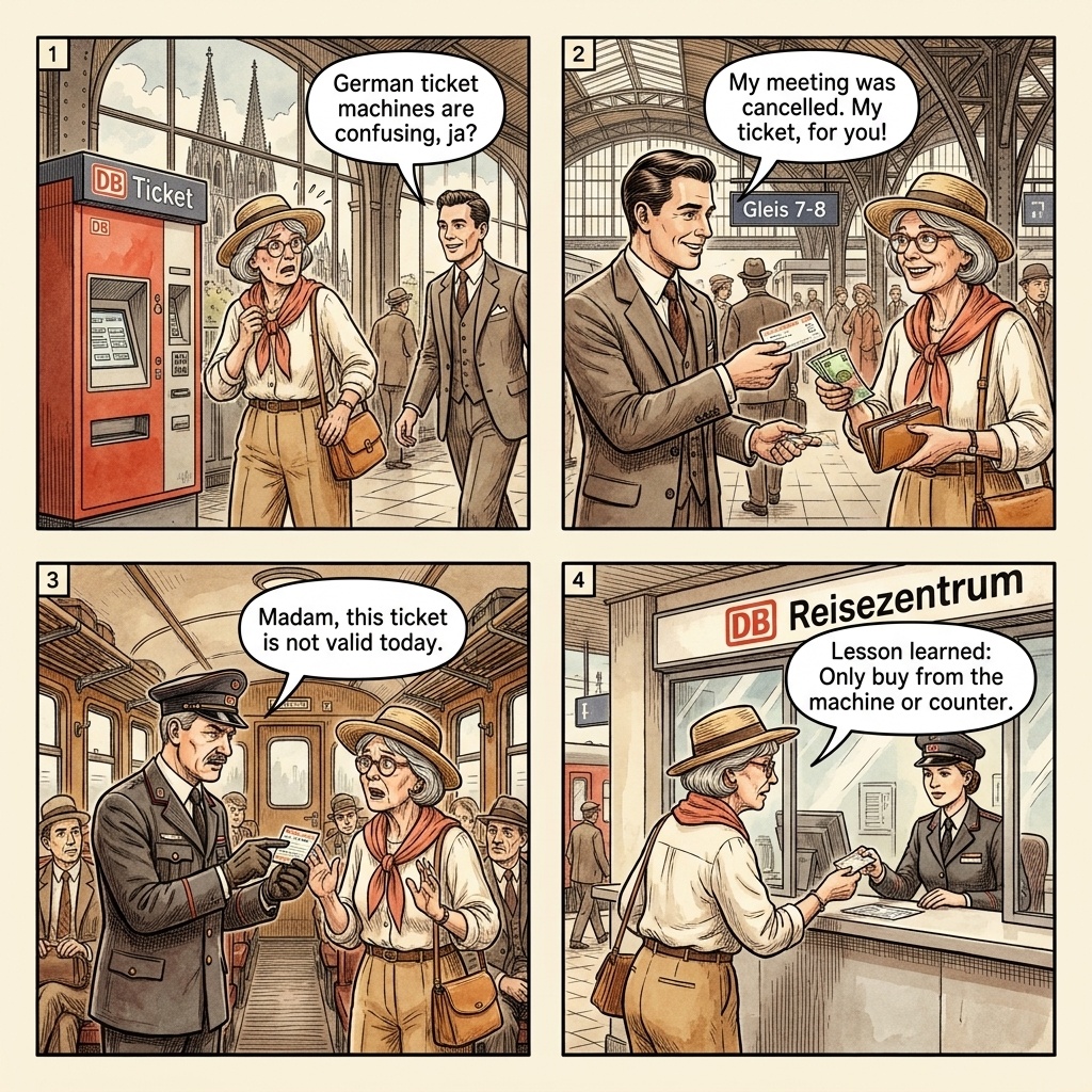 Cologne Main Station DB Train-Ticket Confusion & Approach Scams — comic illustration