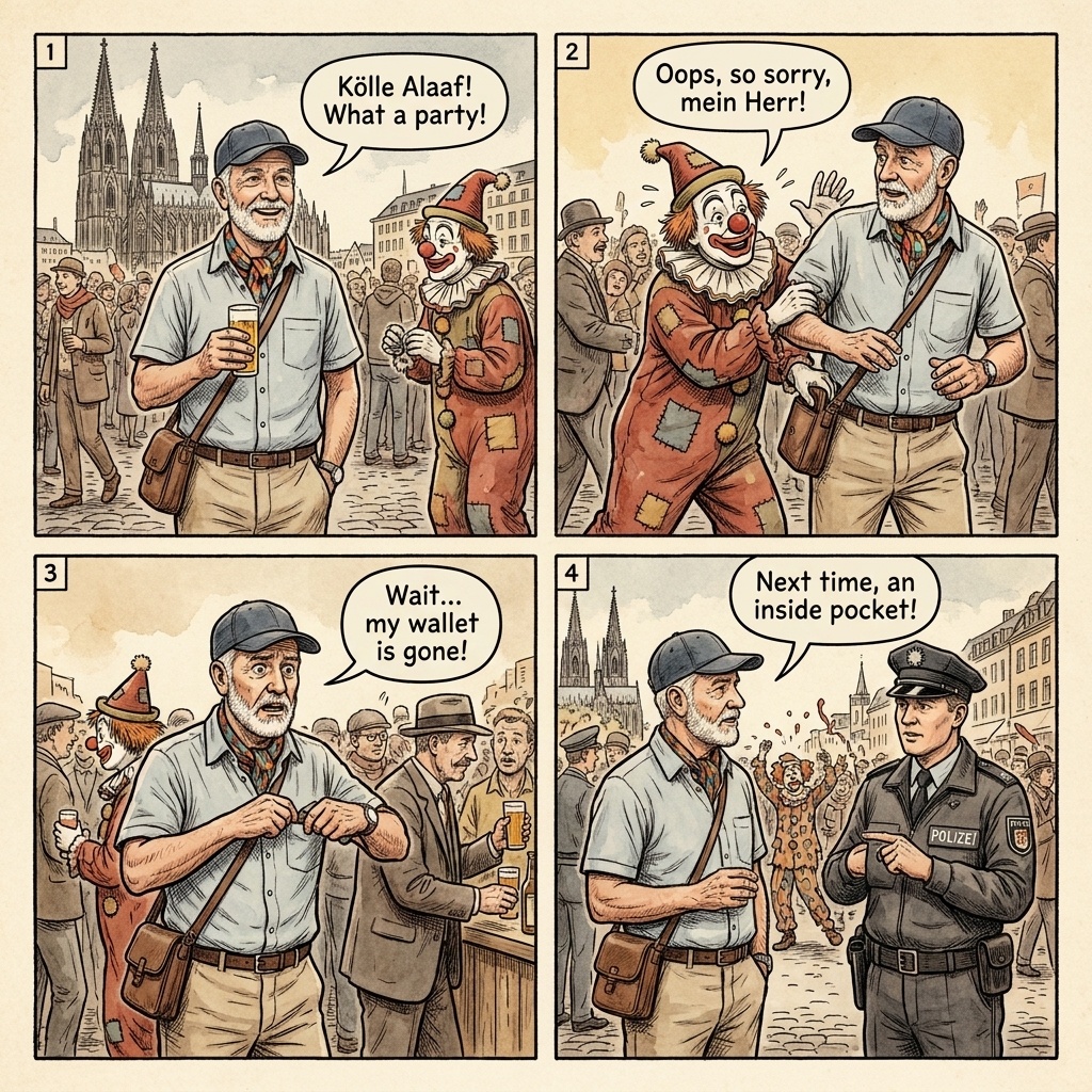 Karneval Session Pickpocket Surge & Tourist-Targeting — comic illustration