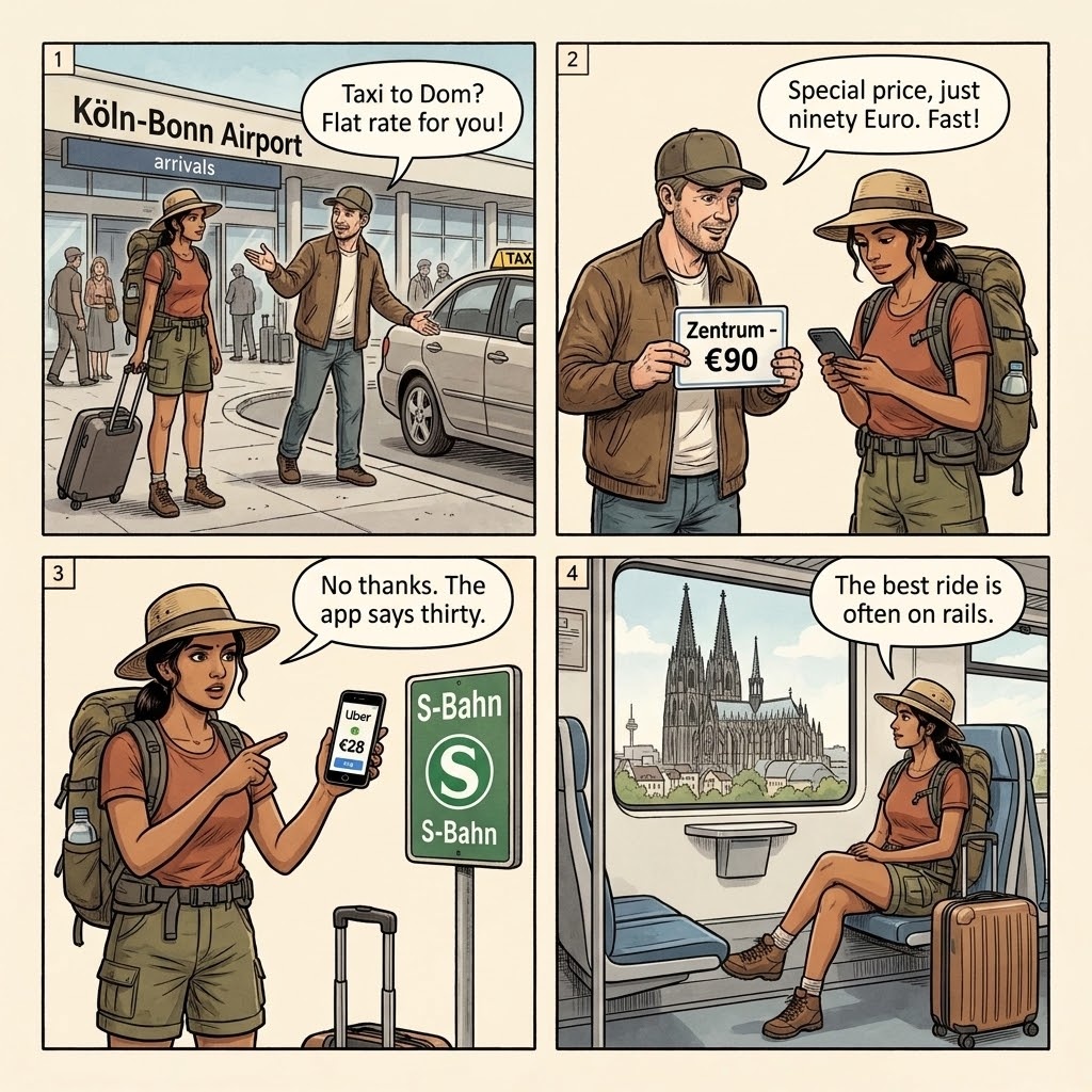 CGN Airport + Dortmund Airport Transfer Taxi Overcharge — comic illustration