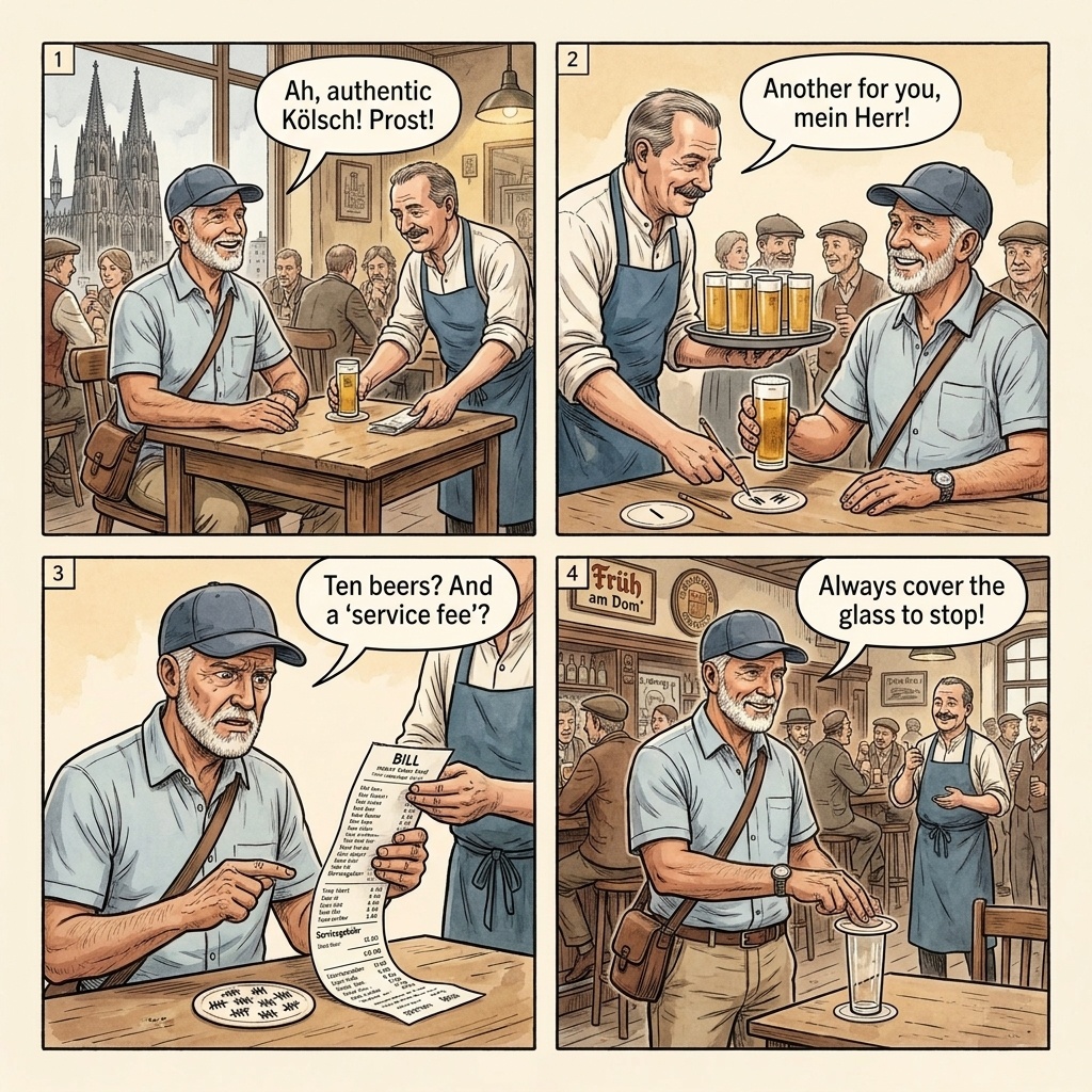 Cologne Altstadt Kölsch Bar Overcharge & 'Köbes' Bill-Padding — comic illustration