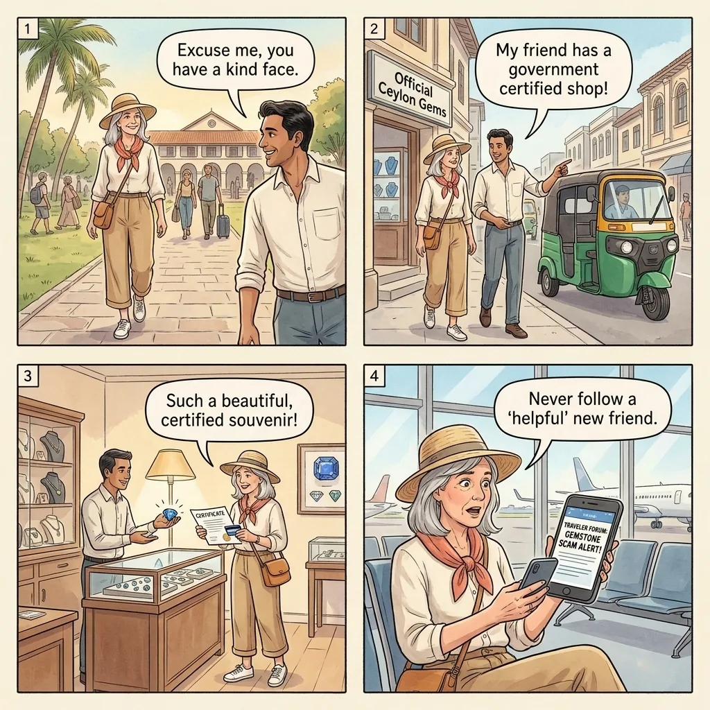Gemstone Shop Steering Scam — comic illustration