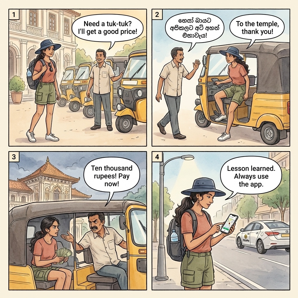 Colombo Tuk-Tuk Mafia overcharging scam comic — friendly local helps tourist into tuk-tuk near Galle Face Green, driver demands inflated fare at destination