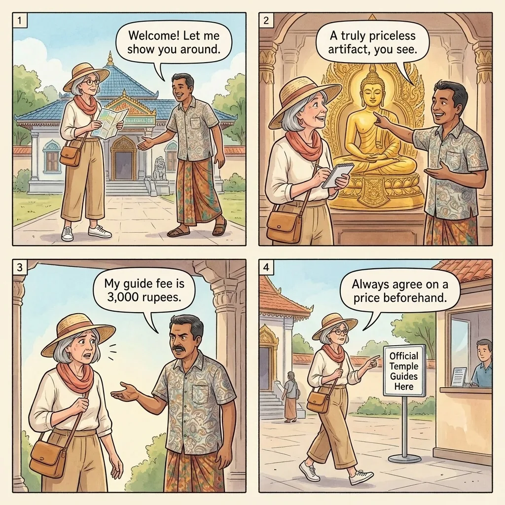 Fake 'Free' Tourist Guide — comic illustration