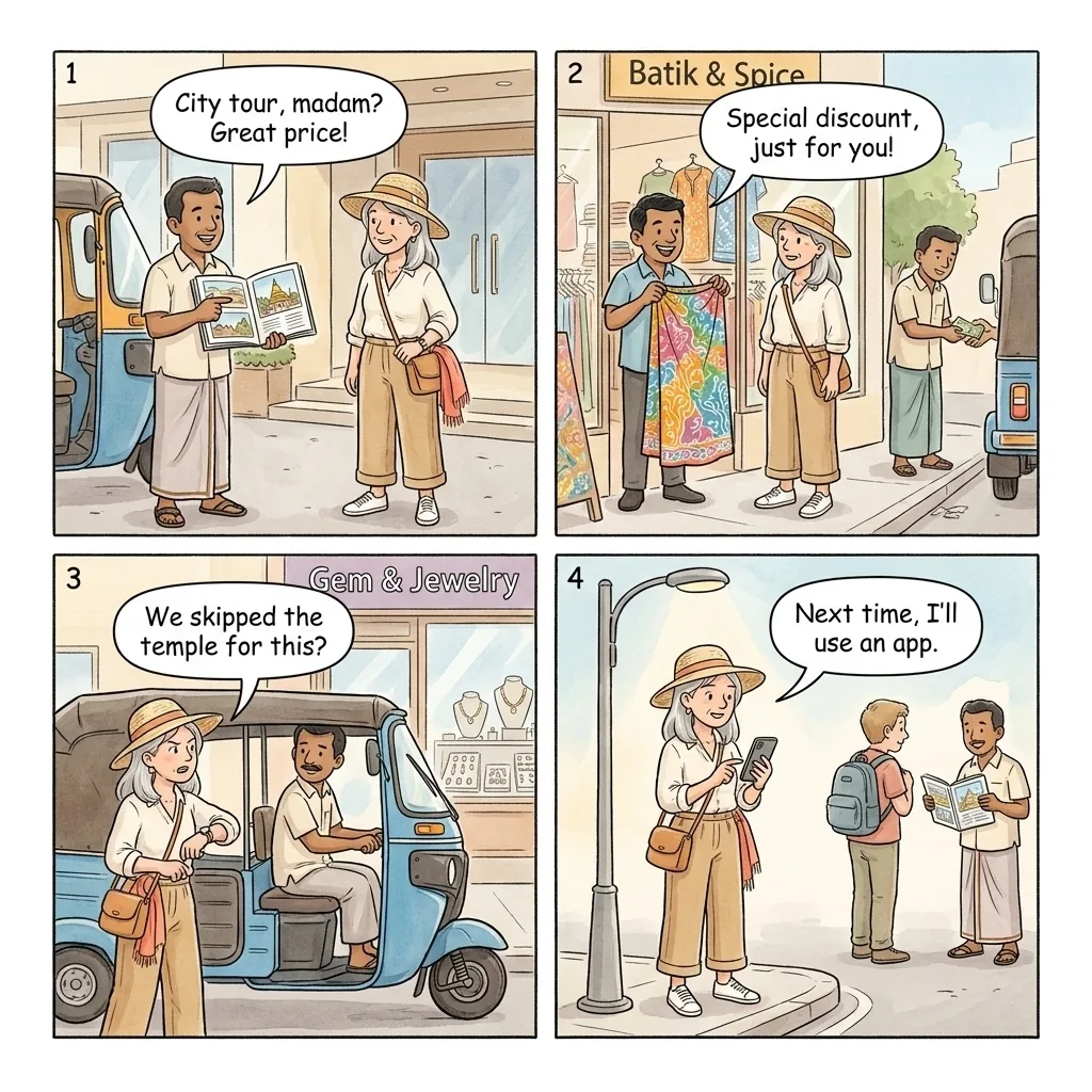 Tuk-Tuk 'Tour Package' Trap — comic illustration