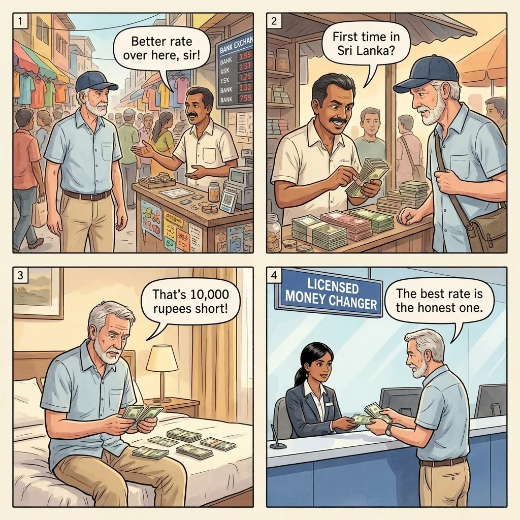 Currency Exchange Shortchange — comic illustration