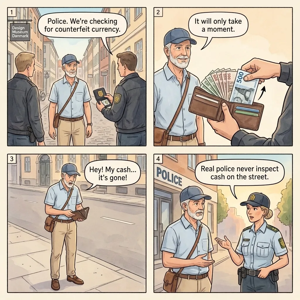 The Copenhagen 'Plain-Clothes Police' Wallet Inspection — comic illustration