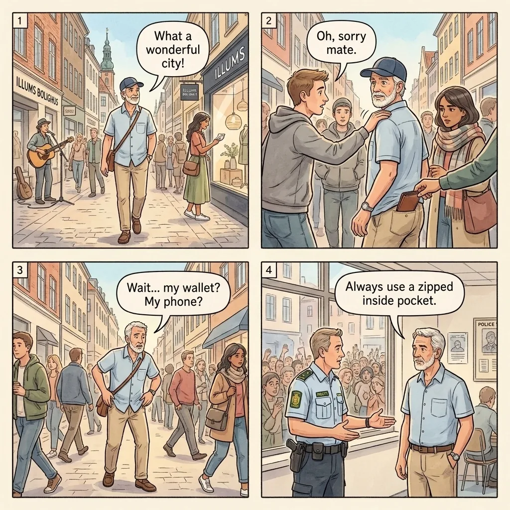 The Strøget Pedestrian Crowd Pickpocket — comic illustration