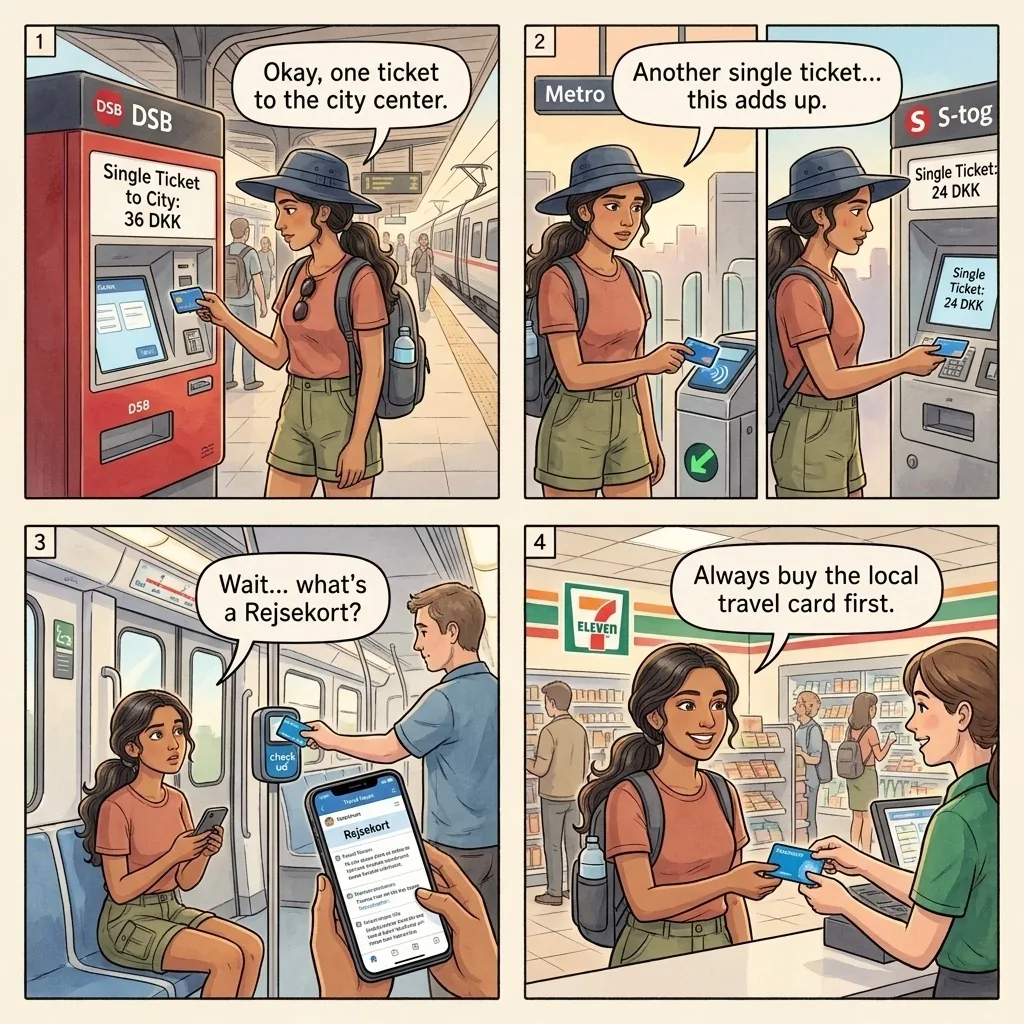 The Copenhagen Single-Ticket Rejsekort Overpay — comic illustration