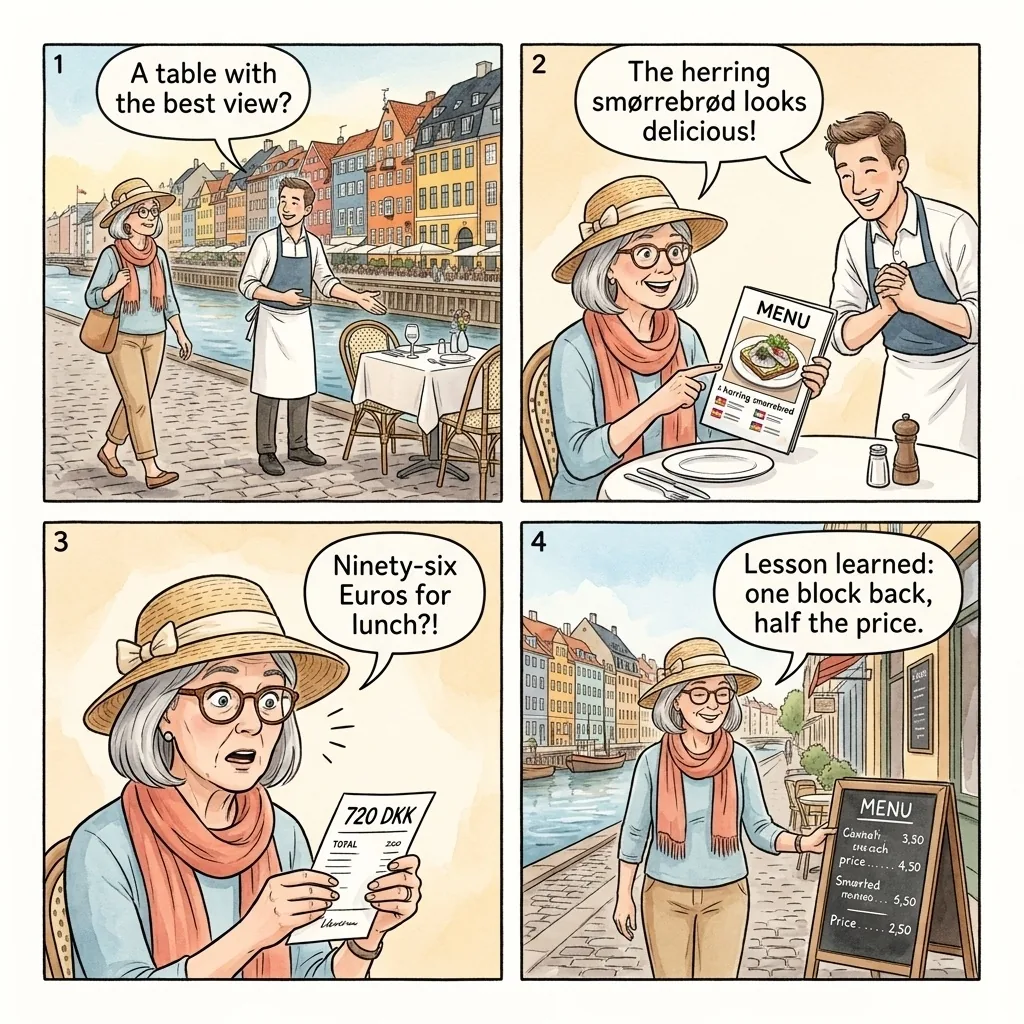 The Nyhavn Canalside Smørrebrød Tourist Surcharge — comic illustration