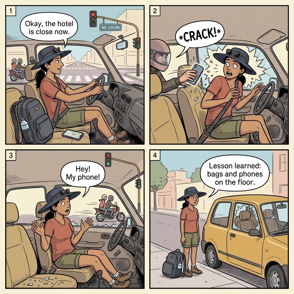 Córdoba Windshield Smash-and-Grab & Street-Level Phone Theft — comic illustration