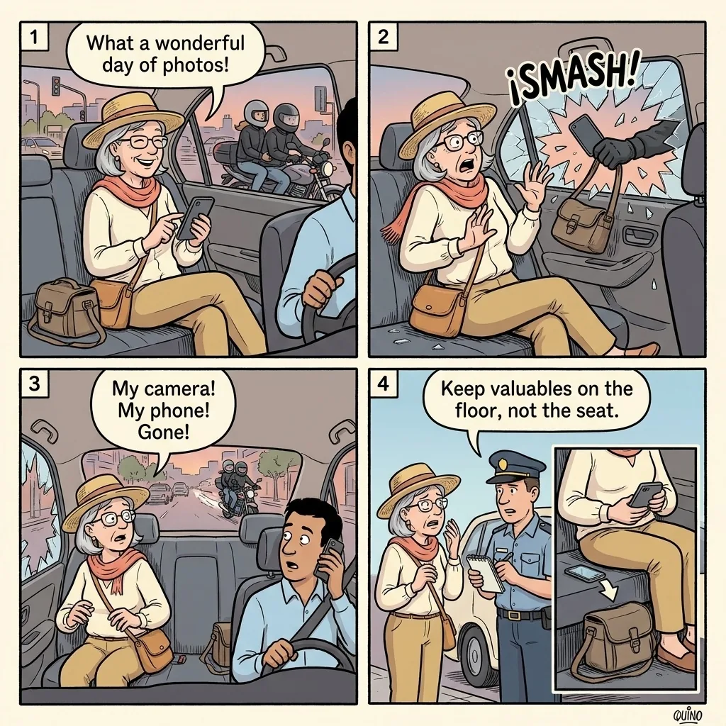 Córdoba Windshield Smash-and-Grab & Street-Level Phone Theft — comic illustration