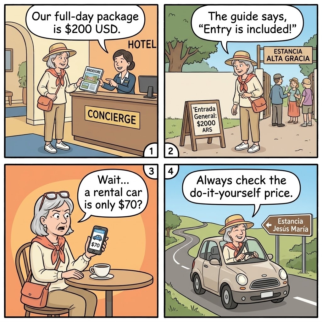 Jesuit Estancia Tour Package Overcharge — comic illustration