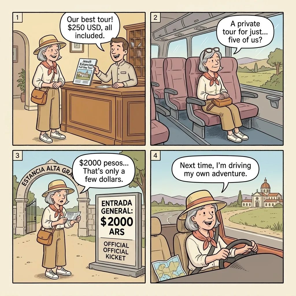 Jesuit Estancia Tour Package Overcharge — comic illustration
