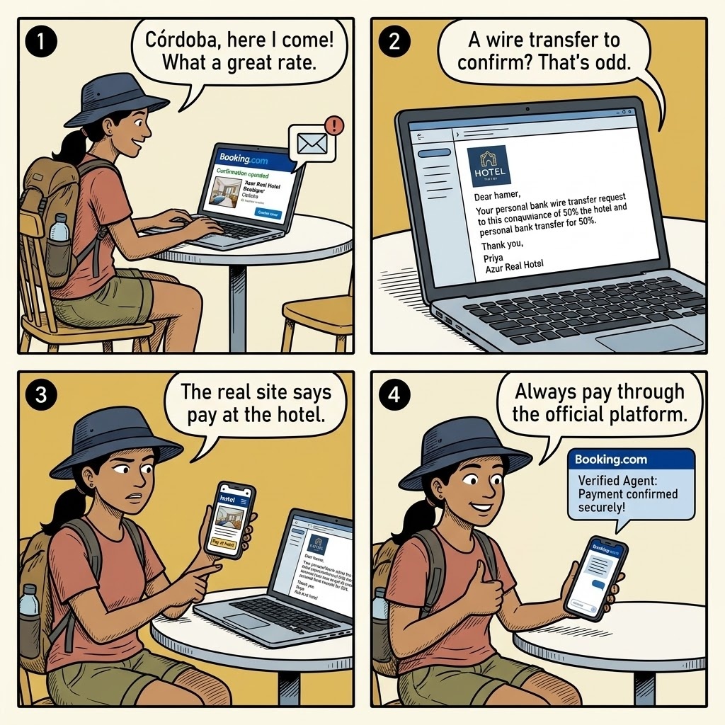 Córdoba Hotel & Downtown Booking Fraud — comic illustration