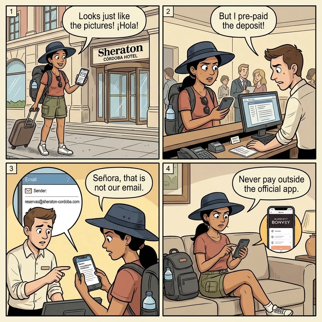 Córdoba Hotel & Downtown Booking Fraud — comic illustration